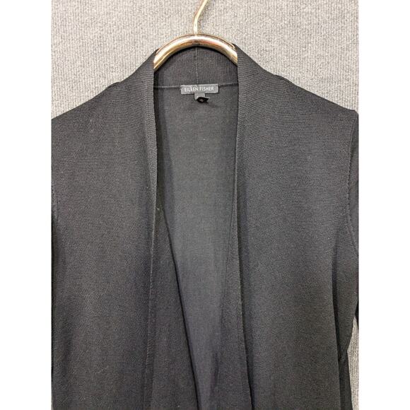 Eileen Fisher Open Front Cardigan Womens Medium Waterfall Collar Wool Black - Picture 2 of 12